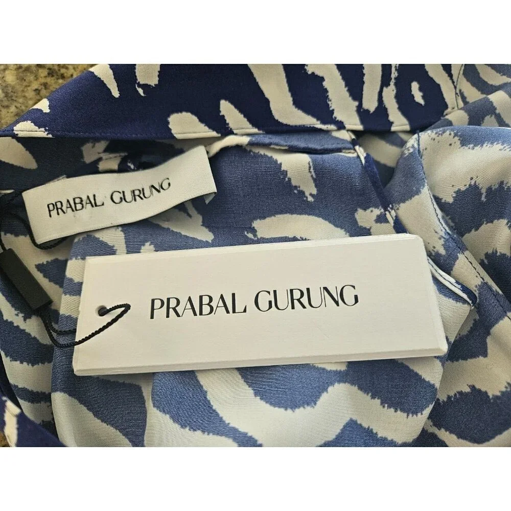 PRABAL GARUNG Blue and White Printed Silk Long Dress Ruched Bodice Size 8 - Picture 8 of 11